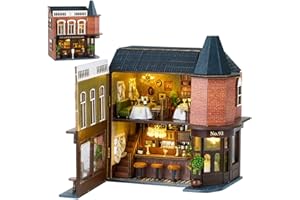 MONTIDEY DIY Miniature Wooden Dollhouse Furniture Kit,Mini Handmade Doll House with LED,1:24 Scale Creative Woodcrafts Toys for Adult Friend Lover Birthday Gift (Corner Western Restaurant)