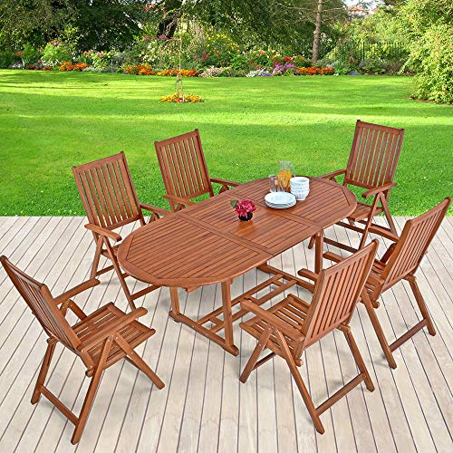 Casaria® Gartenmöbel Set Holz 6 Stühle mit Tisch Wetterfest FSC®-Zertifiziert Schirmständer Armlehnen Klappstühle Garten Terrasse 7-TLG. Eukalyptus – Bild 3