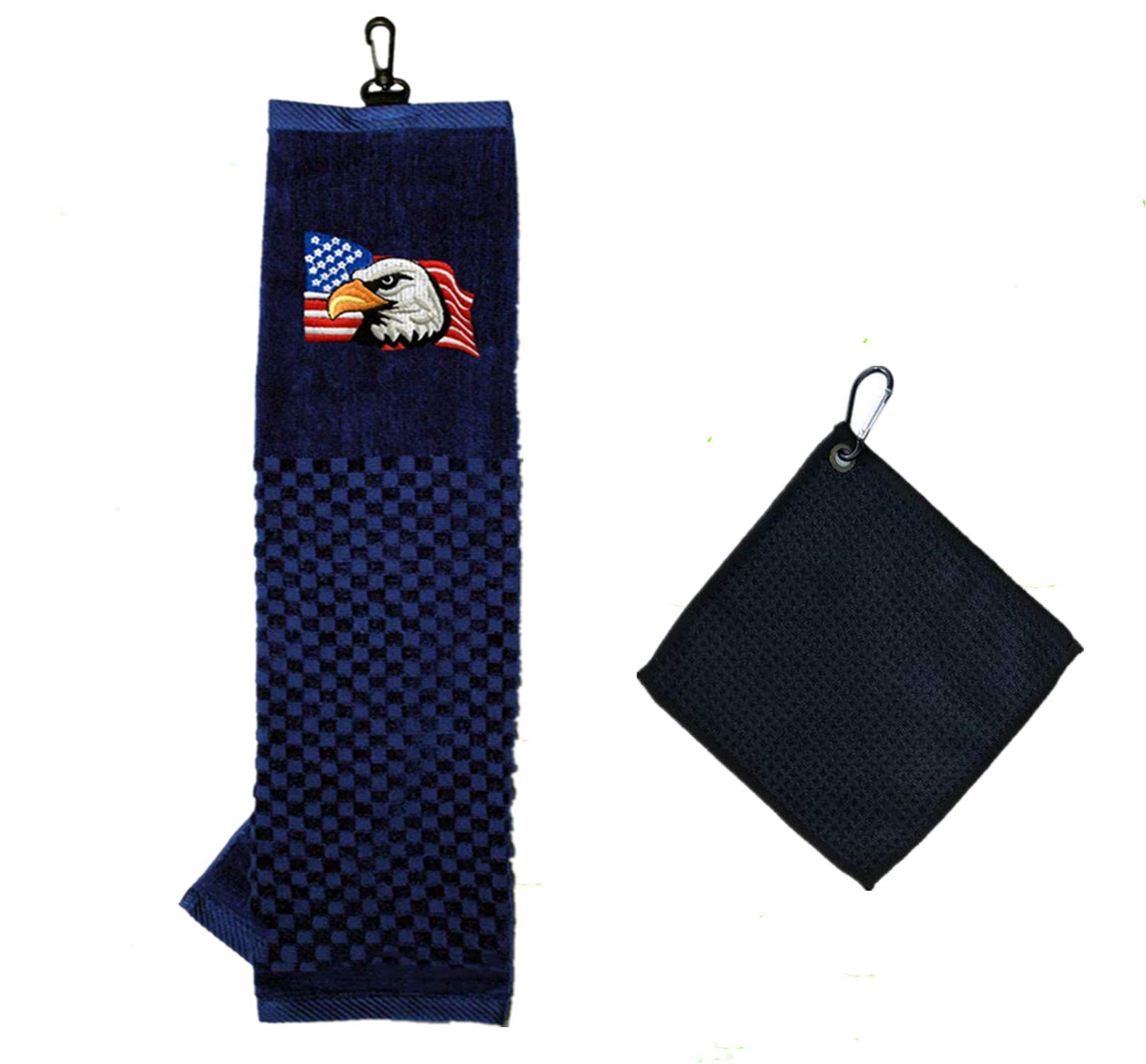 FINGER TEN Golf Towels for Golf Bags with Grommet Clip and 1 Pack Golf Ball Towel Set, Tri-fold Towel 16’’X 22" Embroidered Pattern USA Eagle Fabric fit Sport Travel Football (USA EAGLE)