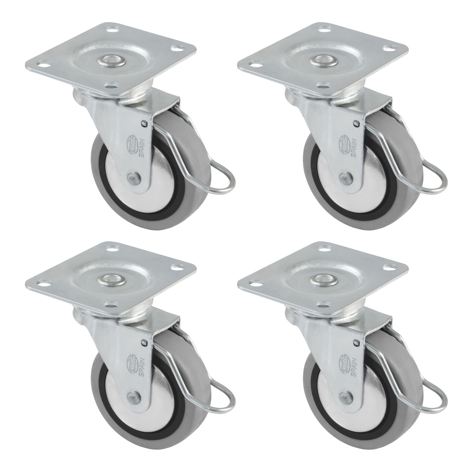 amig - Pack of 4 Furniture Wheels Mod. 2503 with Brake, with Platform and Bearings, Measurement: 40 mm, Maximum Load per Wheel: 17 kg, Made with Rubber, Grey