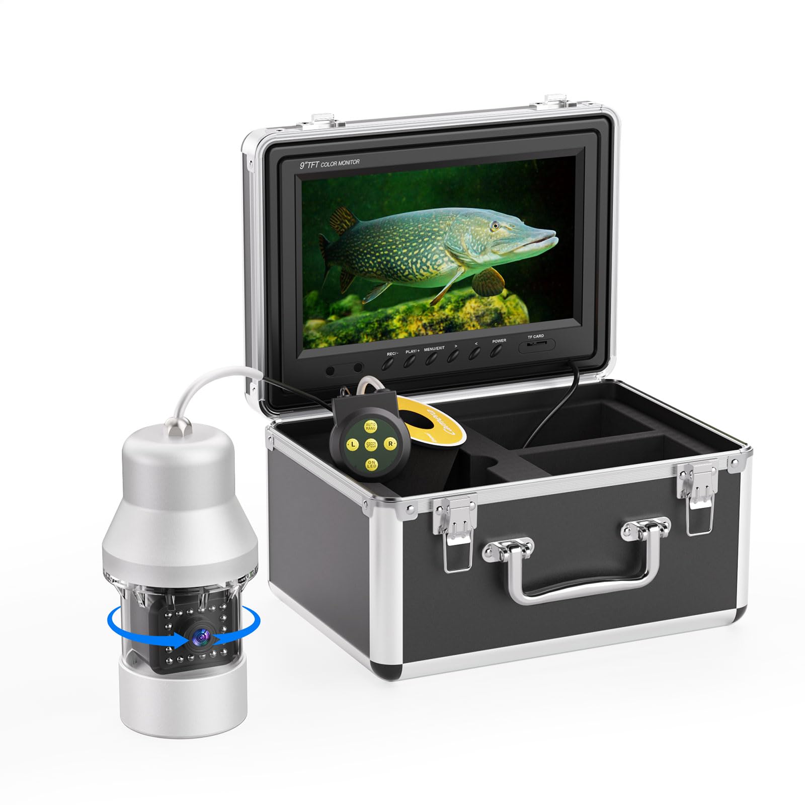 Eyoyo Underwater Fishing Camera Video Fish Finder DVR Function 9 inch Large Color Screen 360° Horizontal Panning Camera 1000TVL w/ 18 Infrared IR Lights 30M Cable for Lake Sea Boat Ice Fishing