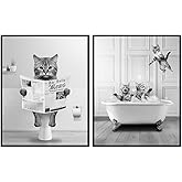Cat Themed Wall Art & Decor - Kids Bathroom Set - Cute Cat Lovers Gifts - Funny Bathroom Decor - Kitty Poster Wall Collage - Bath Accessories for Men Women Girls Boys - Gray Bath Decoration