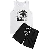 GORGLITTER Men's Letter Graphic Round Neck Tank Top and Drawstring Pockets Track Shorts Set