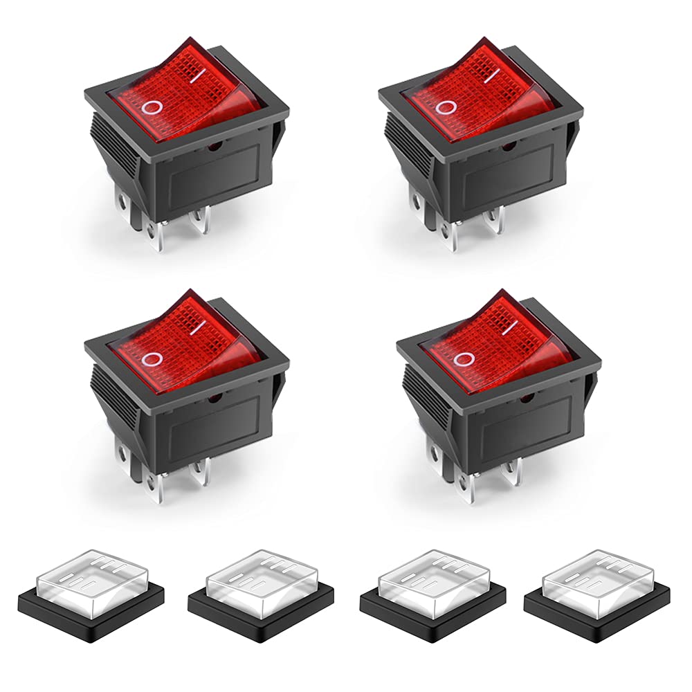 4 PCs Waterproof Rocker Switches ON-Off Boat Rocker Switch 4 Pin Red Light with Cover DPS AC 250V 16A 125V 20A for Electrical Machine Products, Red