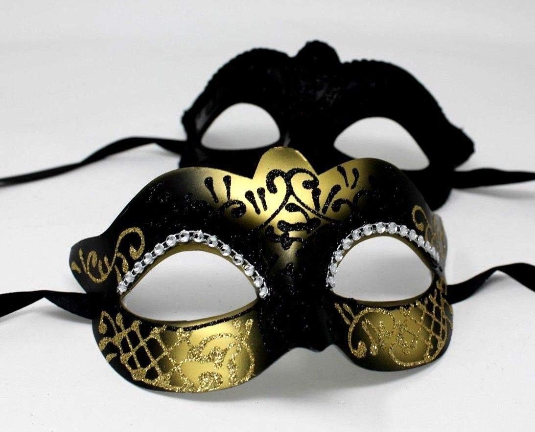HIS N HERS PAIR OF CO-ORDINATED GOLD & BLACK COUPLES VENETIAN MASQUERADE CARNIVAL PARTY BALL EYE MASKS, Gold Black, 8cm deep - Image 5