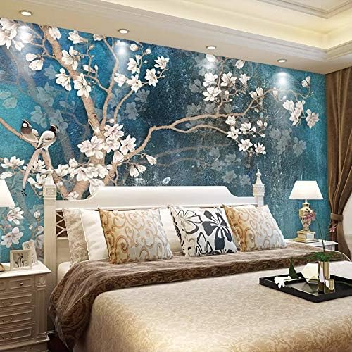 HONGYUANZHANG Custom 3D Wall Murals Wallpaper Nordic Blue Vintage Painted Flowers Birds Oil Painting Wall Paper Bedroom Mural,140cm (H) X 220cm (W)