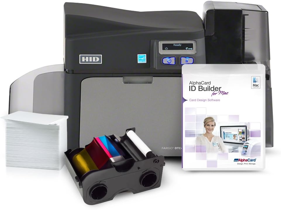 Fargo DTC 4250e Dual Sided ID Card Printer System with Ribbon, Cards, Cleaning kit, and Alphacard ID Builder Basic Software (Mac)