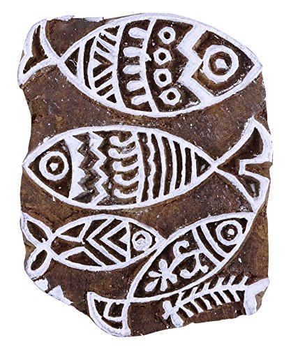 Fish Pattern Hand Carved Wood Printing Blocks Textile Stamp Wooden Brown Block - Thumbnail 3