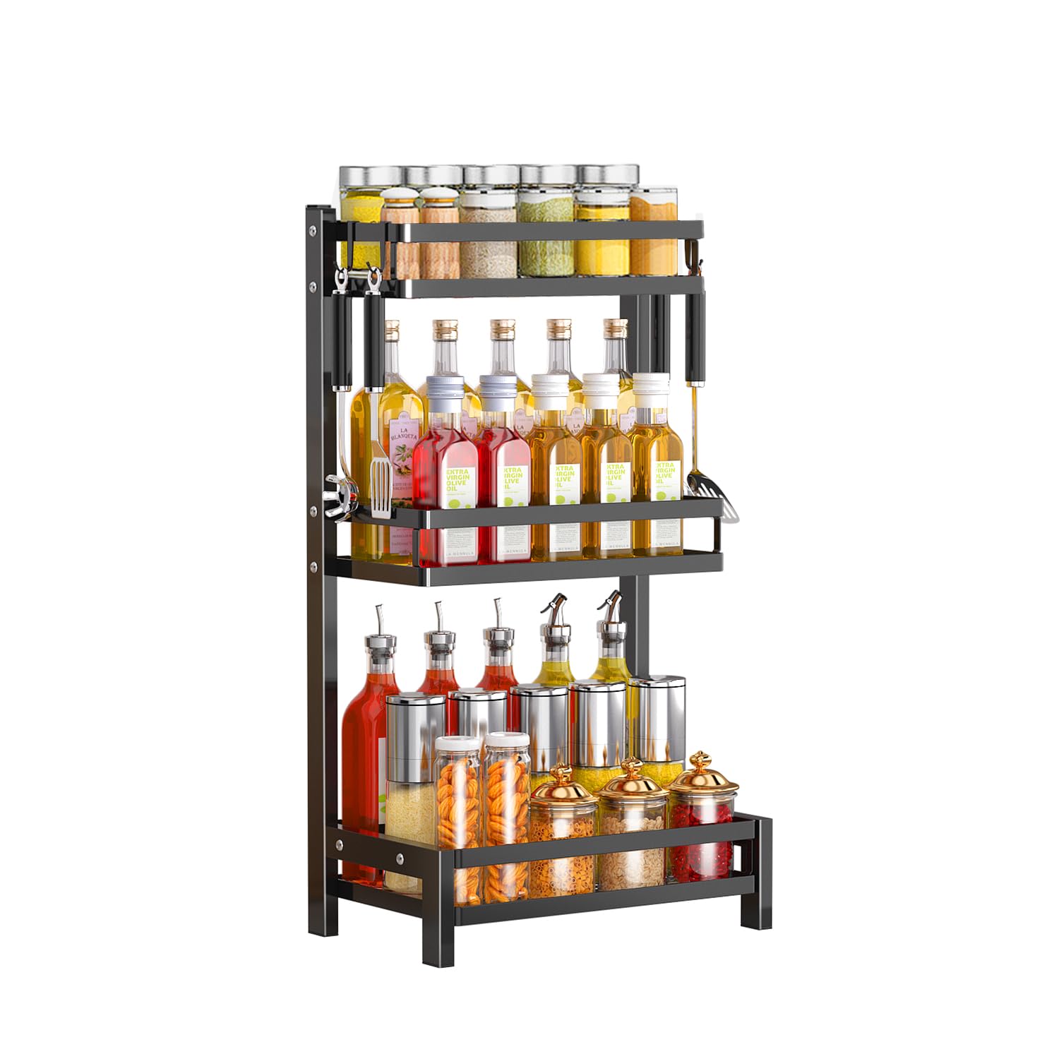 Photo 1 of WonCherry Spice Rack Organizer Free Standing, 3 Tier Kitchen Countertop Seasoning Organizer Shelf for Cabinet Spice Storage, Metal Kitchen Bathroom Pantry Counter Storage Shelf with 4 Hooks, Black