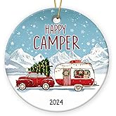 Gift Glow Happy Camper Decor 2025 Christmas Ornament - Gifts for Camping Enthusiasts, Winter Decorations for Home, Gifts for Campers, Ceramic Christmas Ornament