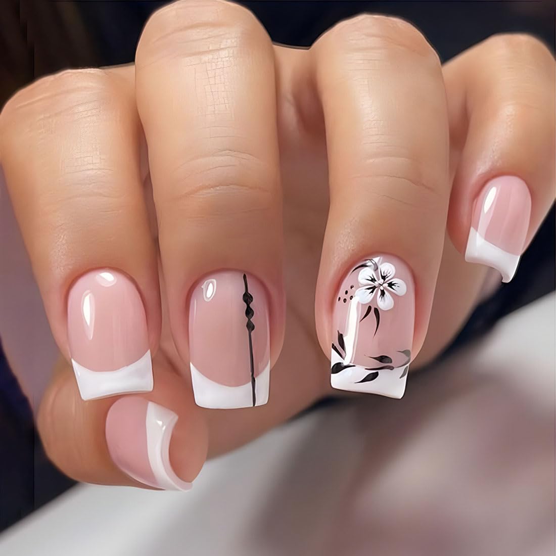 Cubahop 24pcs French Short Square Fake Nails Nude Pink Flower False Nails Rhinestone Butterfly Press on Nails for Women and Girls (Red 1)