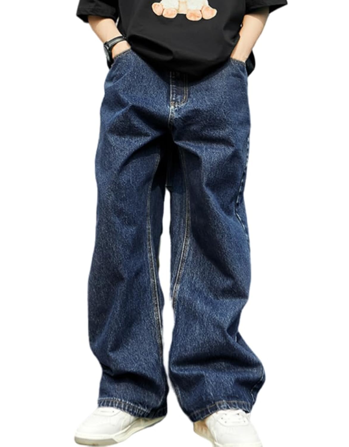 Photo 1 of Mens Baggy Jeans Y2k Skater Vintage Plain Pants Casual Wide Leg Loose Fit Denim Hip Hop Jean