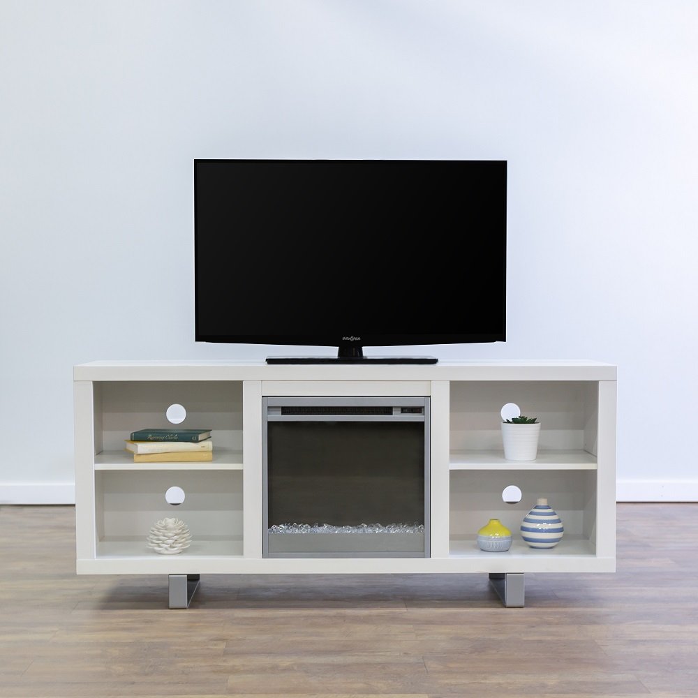 New 58 Inch Wide Simple Modern Fireplace Television Stand in White