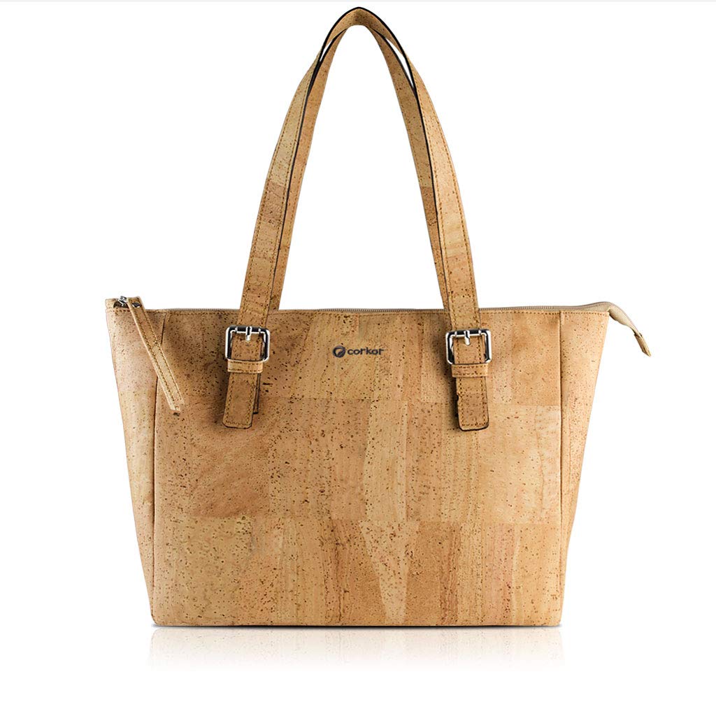 Cork Purse Vegan Handbag Satchel Women Top Handle Peta Approved Natural Light Brown Color(Size:M)