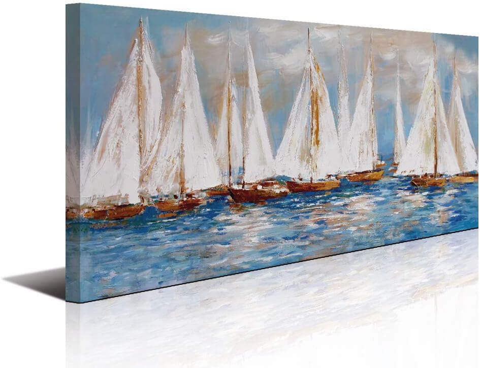 Paintings - Pogusmavi Large White Sailboats Canvas Painting Wall Art Decor for Living Room Office Abstract Seascape Picture Artwork Home Bedroom Wall Decoration 24x48 inches