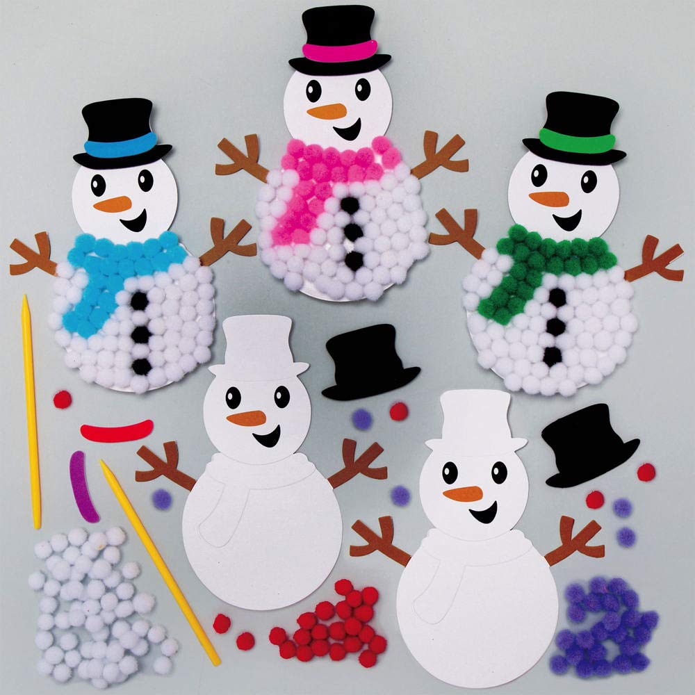 Baker Ross AX523 Snowman Pom Pom Tree Decoration Kits - Pack of 5, Homemade Christmas Ornaments for Kids Arts and Crafting Activities