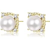 LOOYUUPEE Pearl Earrings for Women, White Round Pearls, Wire Wrap Gold Stud Earrings Jewelry, Handmade Jewelry Gift for Mom Lover Her (14K Gold Plated)