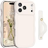 GUAGUA for iPhone 17 Pro Max Case with Wrist Strap, Wavy Edge Phone Case Cute Curly Shape with Adjustable Wristband Kickstand Shockproof Anti Slip Phone Case for iPhone 17 Pro Max, Antique White
