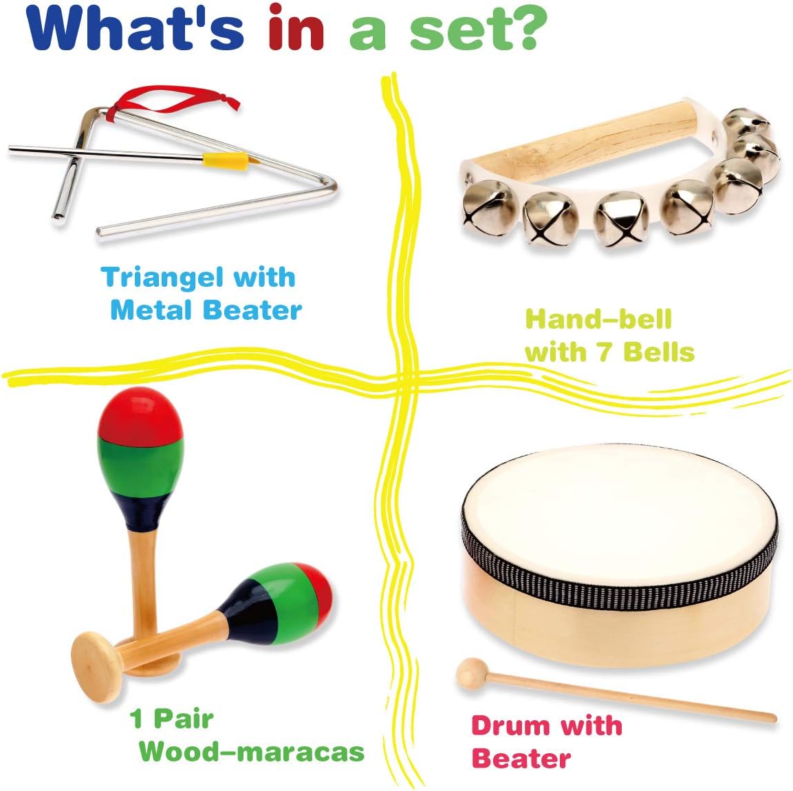 MUSICUBE 7 Pcs Kids Wood Musical Instruments, Percussion Set with Drums for Kids Children Musical Toys for School, Music Center: Toys & Games