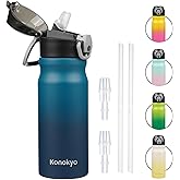 Konokyo Insulated Water Bottle with Straw and Carry Loop,18 oz Stainless Steel Double Wall Vaccum Metal Water Flask with Leak-proof Lid,Indiego Black