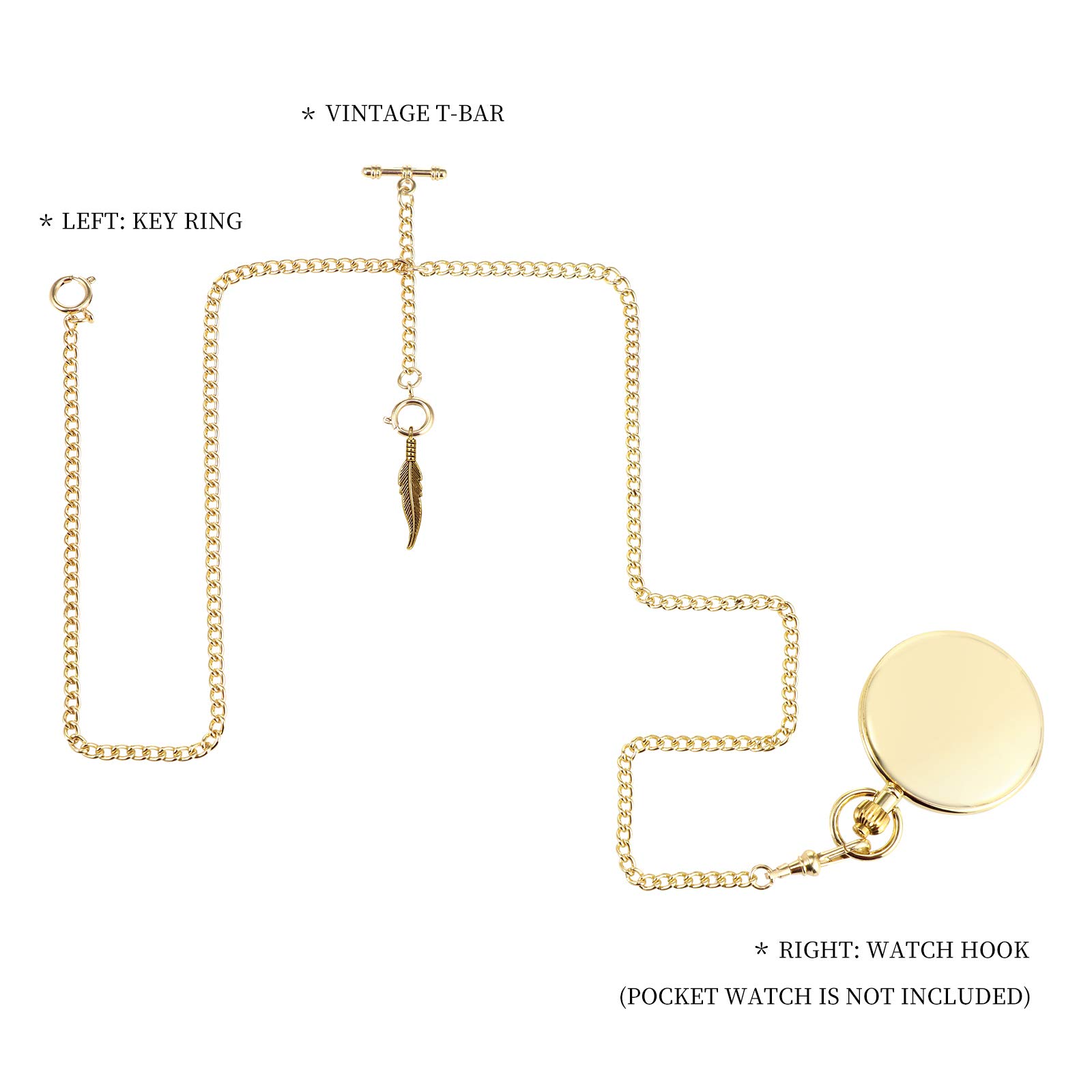 TREEWETO Men's Double Albert Chain Pocket Watch Curb Link Key Chain 3 Hooks with Antique Leaf Pendant Charm Design Copper Fob T Bar