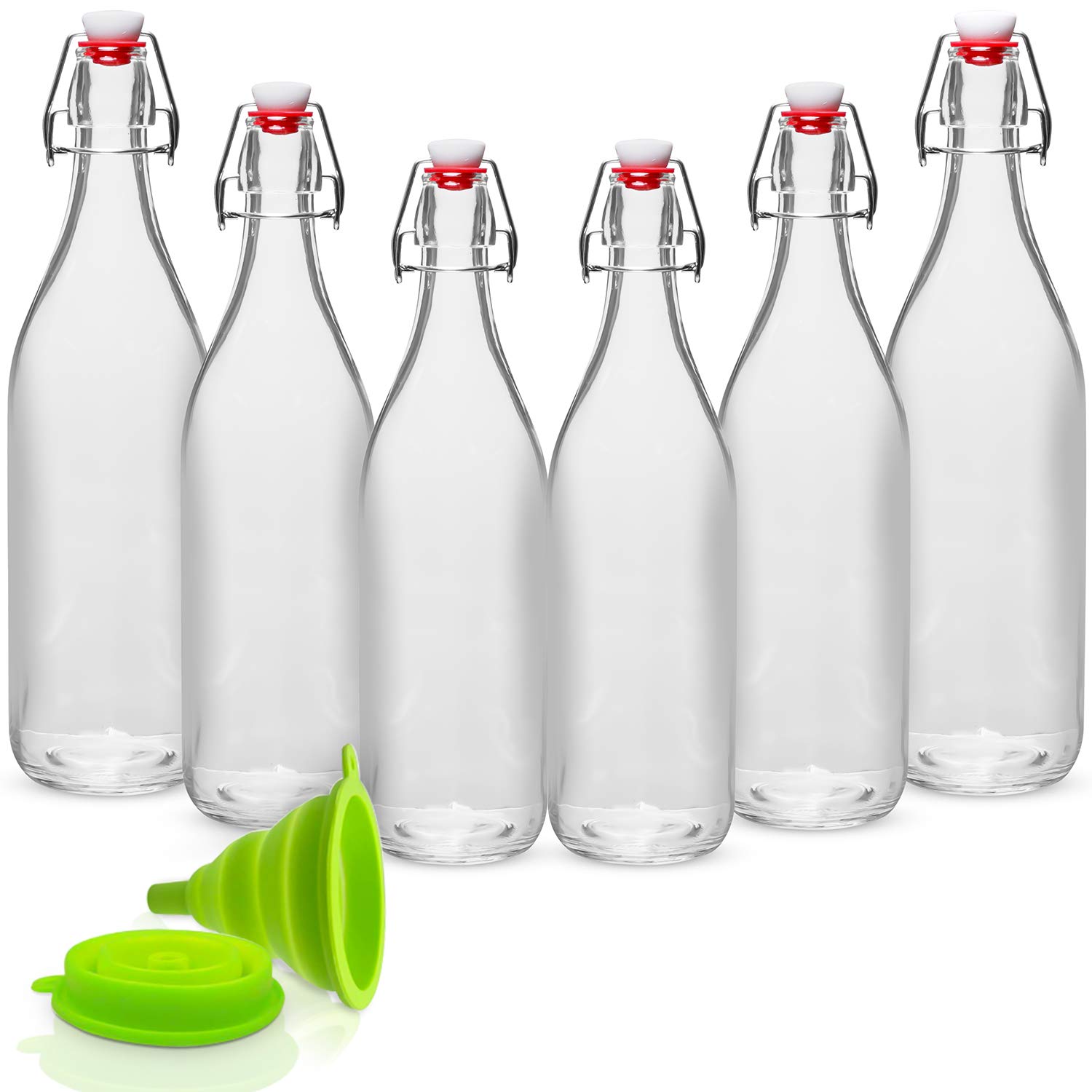 WILLDAN Giara Glass Bottle with Stopper Caps, Set of 6-33.75 Oz Swing Top Glass Bottles for Beverages, Oils, Kombucha, Kefir, Vinegar, Leak Proof Lids