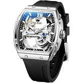 OLEVS Watch for Men Skeleton Automatic Tonneau Silicone Strap Business Luxury Waterproof Luminous Mechanical Men Wrist Watch