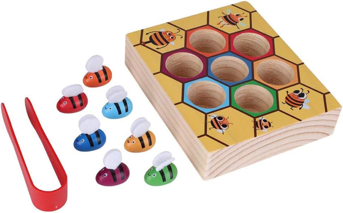 EJY Toddler Fine Motor Skill Toy, Clamp Bee to Hive Matching Game, Wooden Color Sorting Puzzle, Early Learning Preschool Educational Gift Toy for 2 3 4 Years Old Kids