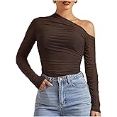 SHENHE Women's Sheer Mesh Long Sleeve Tshirt Sexy Off Shoulder Tops Going Out See Through Shirts