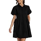 D-Sun Women's Short Puff Sleeve Shirt Dress Button Down Pleated Mini Dress Casual Short Dresses