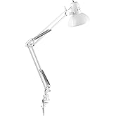 Globe Electric 52847 31.5 Inch Swing Arm Clamp-On White Desk Lamp with Nickel Accents, On/Off Rotary Switch, Book Reading Lig