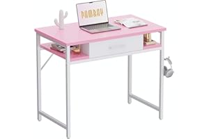 PAMRAY 32 Inch Small Computer Desk with Drawer and Shelves Simple Study Work Table for Bedroom Pink