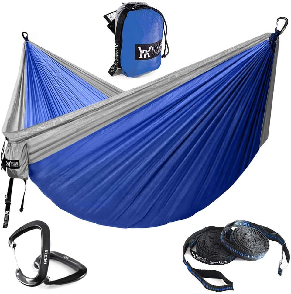 WINNER OUTFITTERS Double Camping Hammock - Lightweight Nylon Portable Hammock, Parachute Double Hammock for Backpacking, Camping, Travel, Beach, Yard. (Do Blue/Grey, 78" W x 118" L)