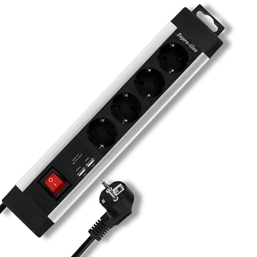 REV SupraLine Steckdosenleiste 4-Fach - Mehrfachsteckdose mit USB & Schalter, 2,2m Kabel, Wandmontage & Kabelknickschutz, Silber