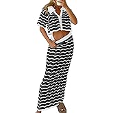 Saodimallsu Women Striped Beach Cover Up Set Button Short Sleeve Collared Crop Top Maxi Skirt Crochet 2 Piece Outfits