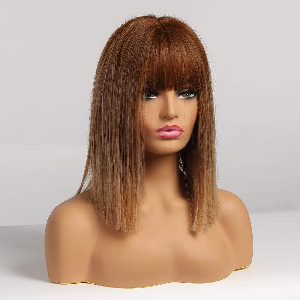 EMMOR Ombre Brown Bob Wigs With Bangs - Heat Resistant Synthetic Wigs, Ombre Brown Gold, 2 Piece Set - Image 3
