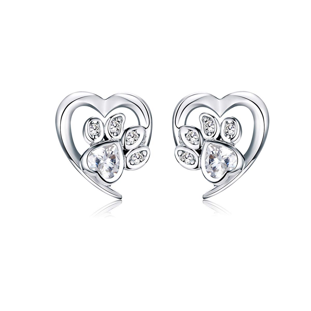 White Crystal Paw Stud Earrings for Girl Heart Shape CZ Footprint Ear Studs Jewellery Women