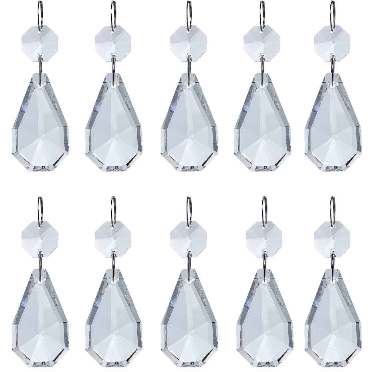 H&D HYALINE & DORA 10pcs 38mm Crystal Chandelier Lamp Prisms Replacement Parts Hanging Leaf Pendants with Octagon Beads Silver Circle Connector,Christmas Wedding Party Decoration