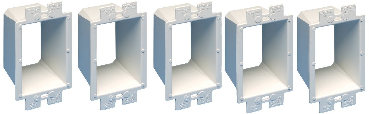 BE1-2 Electrical Outlet Box Extender – 1-Gang, 5-Pack With 10 Screws, White PA Material, Fire-Rated & Flush-Mount