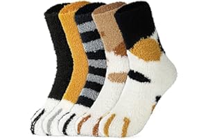 FAUSON 5 Pairs Fuzzy Cat Socks - Warm, Fluffy, Plush Winter Socks for Women