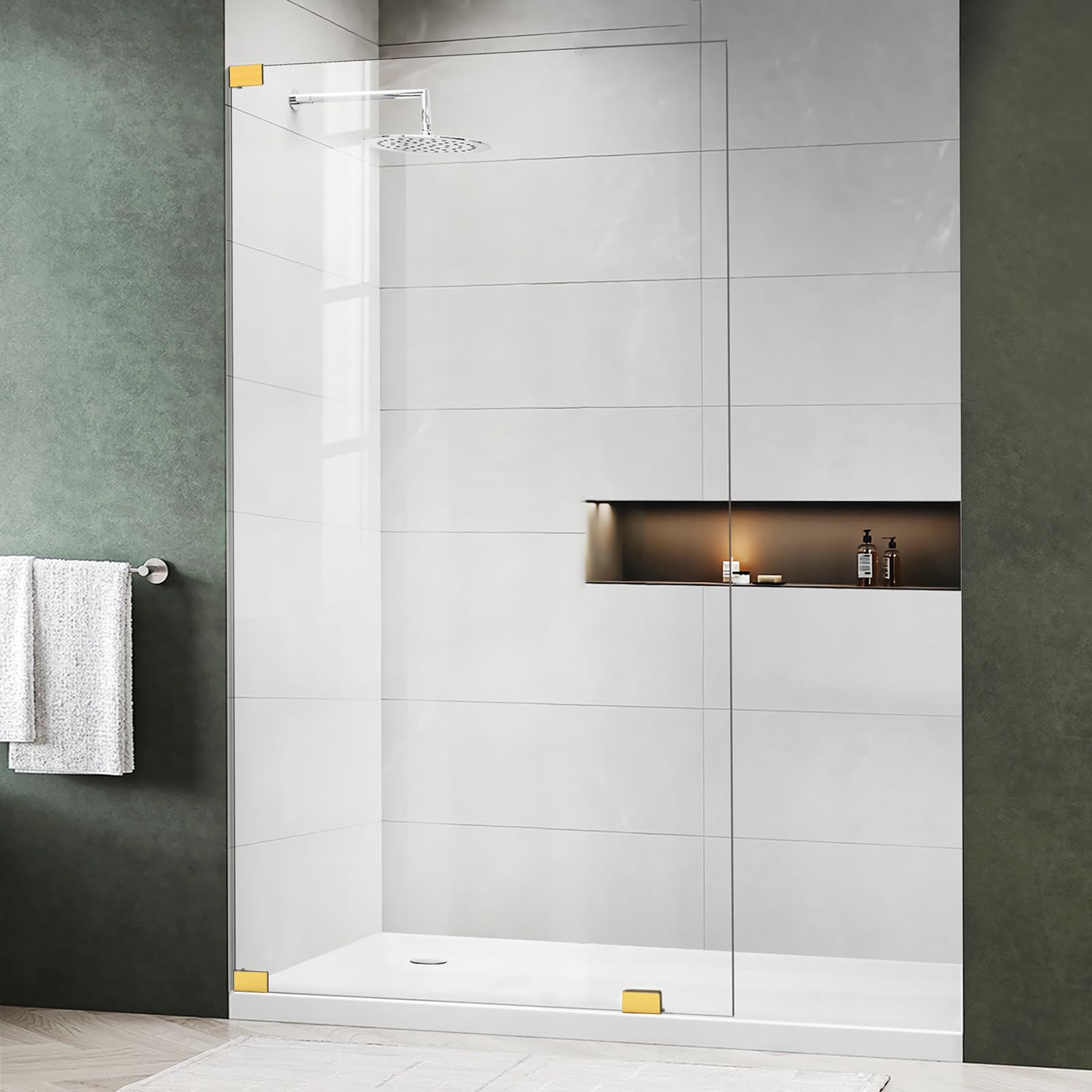 Photo 1 of Shower Glass Door Panel, 48" W x 74" H Framless Bathroom Fixed Glass Shower Door Panel Durable and Stable 5/16"(8mm) Clear Tempered Door with Fixed Clamps Bathroom Shower Screen (Brushed Gold)