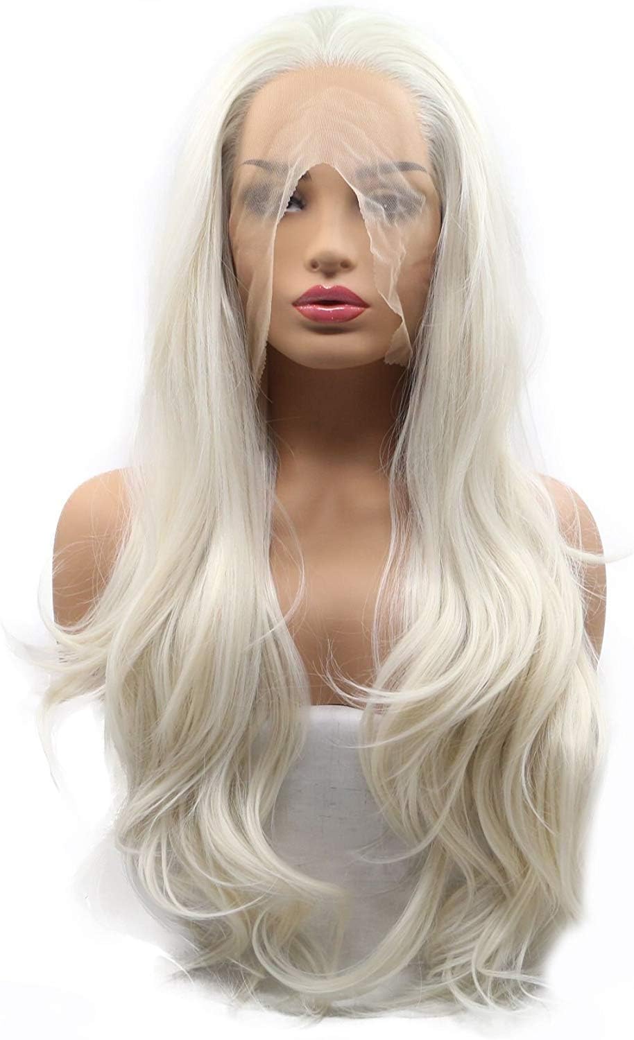 White Blonde Synthetic Lace Front Wigs for Women Long Wavy Realistic Natural Hairline Platinum Blonde Curly Synthetic Lace Front Wig Glueless Heat Resistant Fiber Hair - Image 3