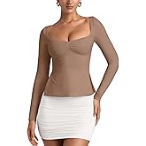 REORIA Womens 2025 Fall Trendy Tops Long Sleeve Shirts for Women Square Neck Going Out Side Slit Tshirts Cute Basic Tee