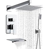 RTTWYYUU Chrome Shower Faucet Set with Tub Spout 10 Inch, Shower Head and Handle Set with 2 Hooks, Tub and Shower Faucet Combo, Rain Shower and Handheld Shower System Square Wall Mount for Bathroom