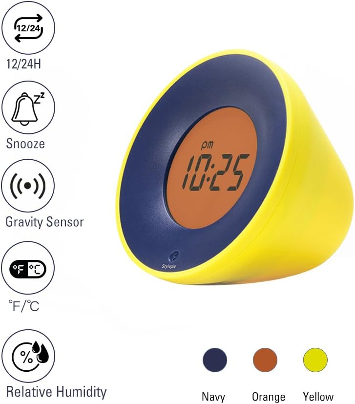 Stylepie Fun Fun Clock-Digital Smart Alarm Clock with Temperature(℃/℉) and Humidity(%) Detections, Gravity Clock with Snooze Function and 12/24H Display, Energy-Saving Light, Bedroom&Office, Yellow
