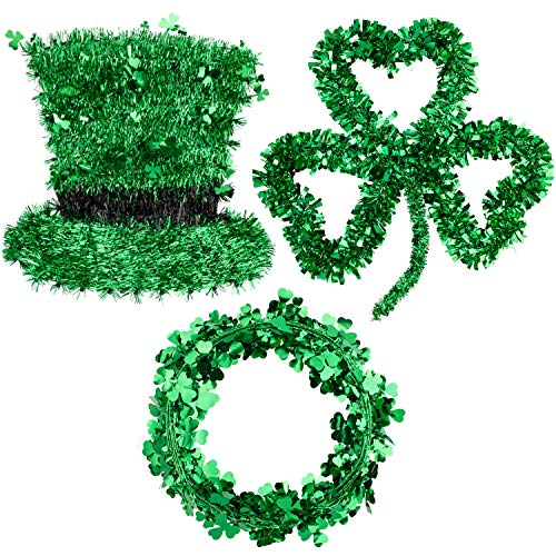 Whaline 3 Pack St. Patrick’s Day Green Tinsel Garland Include Shamrock Wreath, Wire Garland and Leprechaun Hat for Irish St Patrick Party Favor Home Wall Decorations
