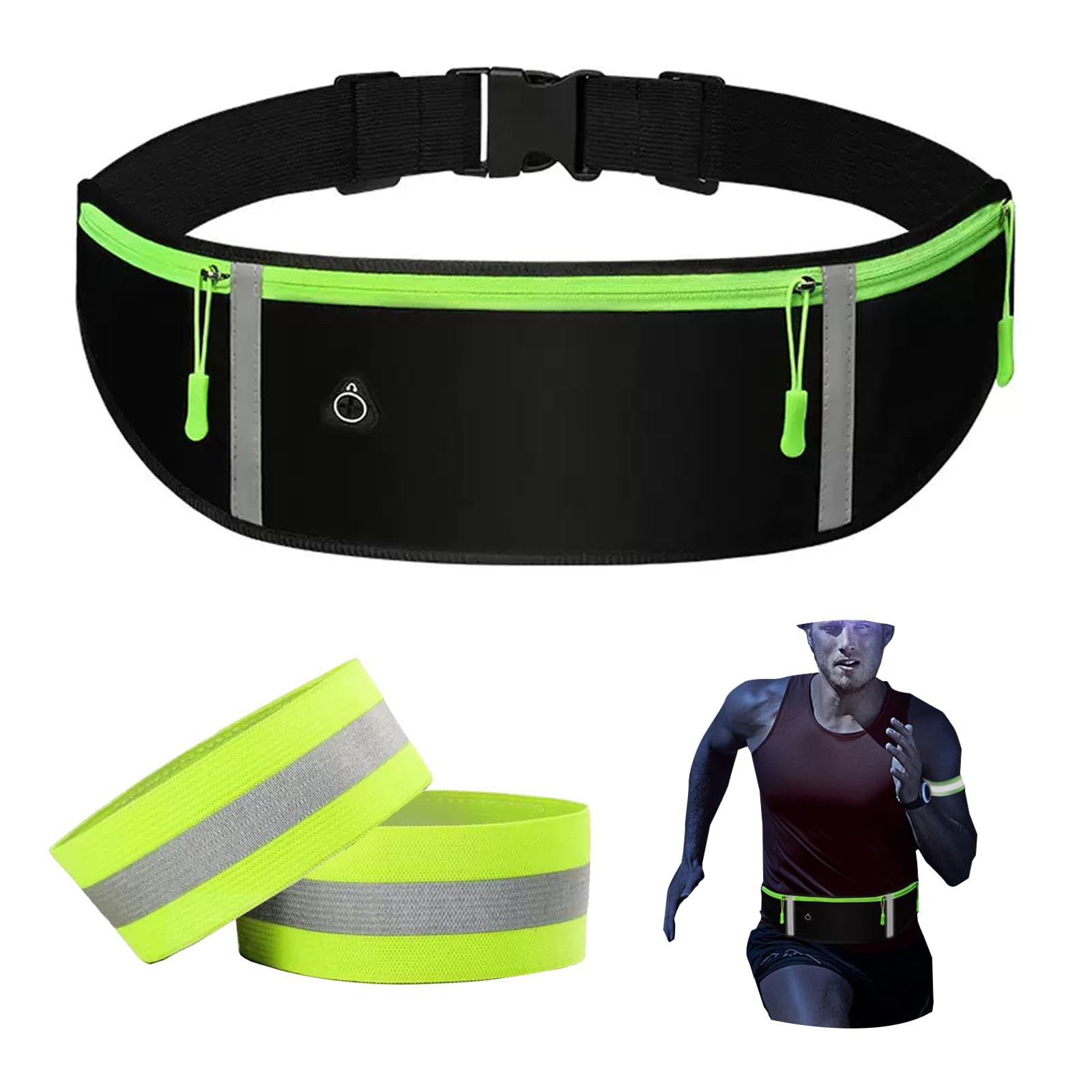 Running Belt with Adjustable Elastic Strap, Sweatproof Waist Pack with 2 Pair Reflective Strip, Large Capacity Running Bag with Reflective Arm Band for Running, Cycling, Outdoor Activities
