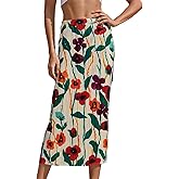 materasu Women Pleated Midi Skirt: High Waist Casual A-Line Floral Print Skirt for Work,Travel,Daily Wear