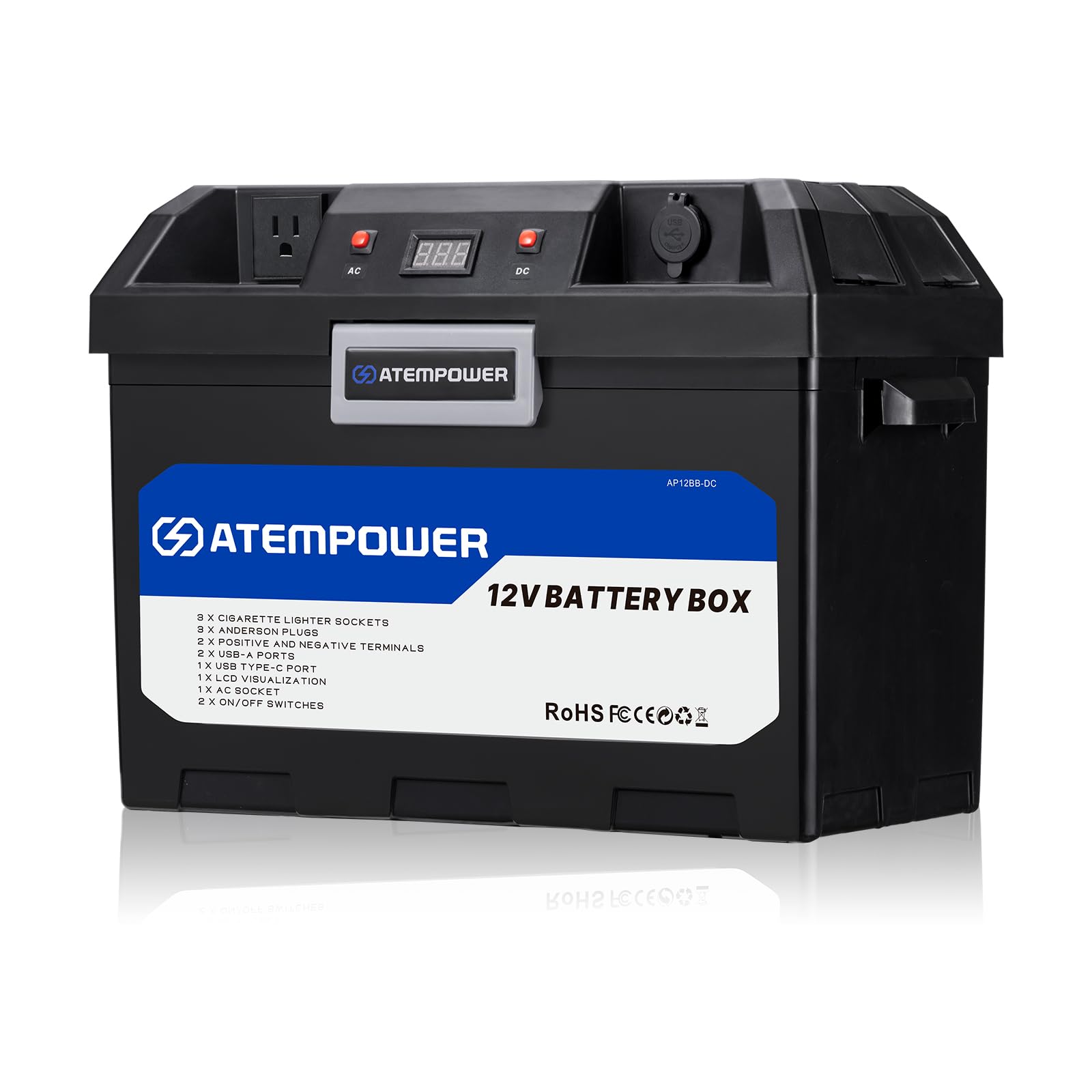 Photo 1 of ATEM POWER 12V RV Battery Box with Inverter USB Ports Supporting Fast Charging AC Sockets Anderson Plug Voltage Indicator, Marine Battery Box for RV Camper Marine Portable Ice Fishing Power Box