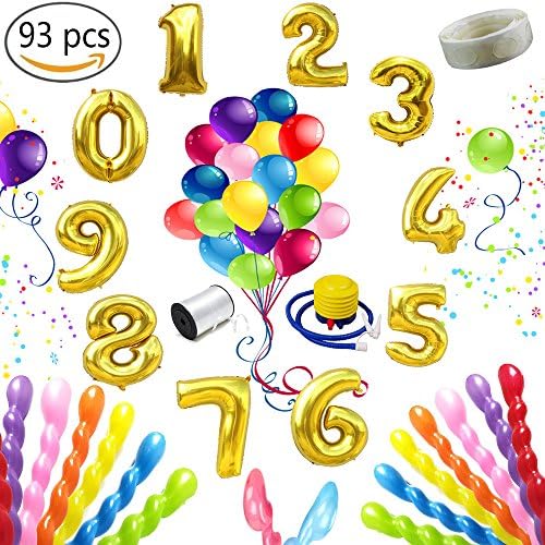 YYKIT 93 Pcs Party Festival Decoration Set 16 Inch Foil Gold Balloon Number 0-9 Colorful Round,Spiral Balloons,Inflator Pump,Ribbon Ballon Strings,Glue Dots